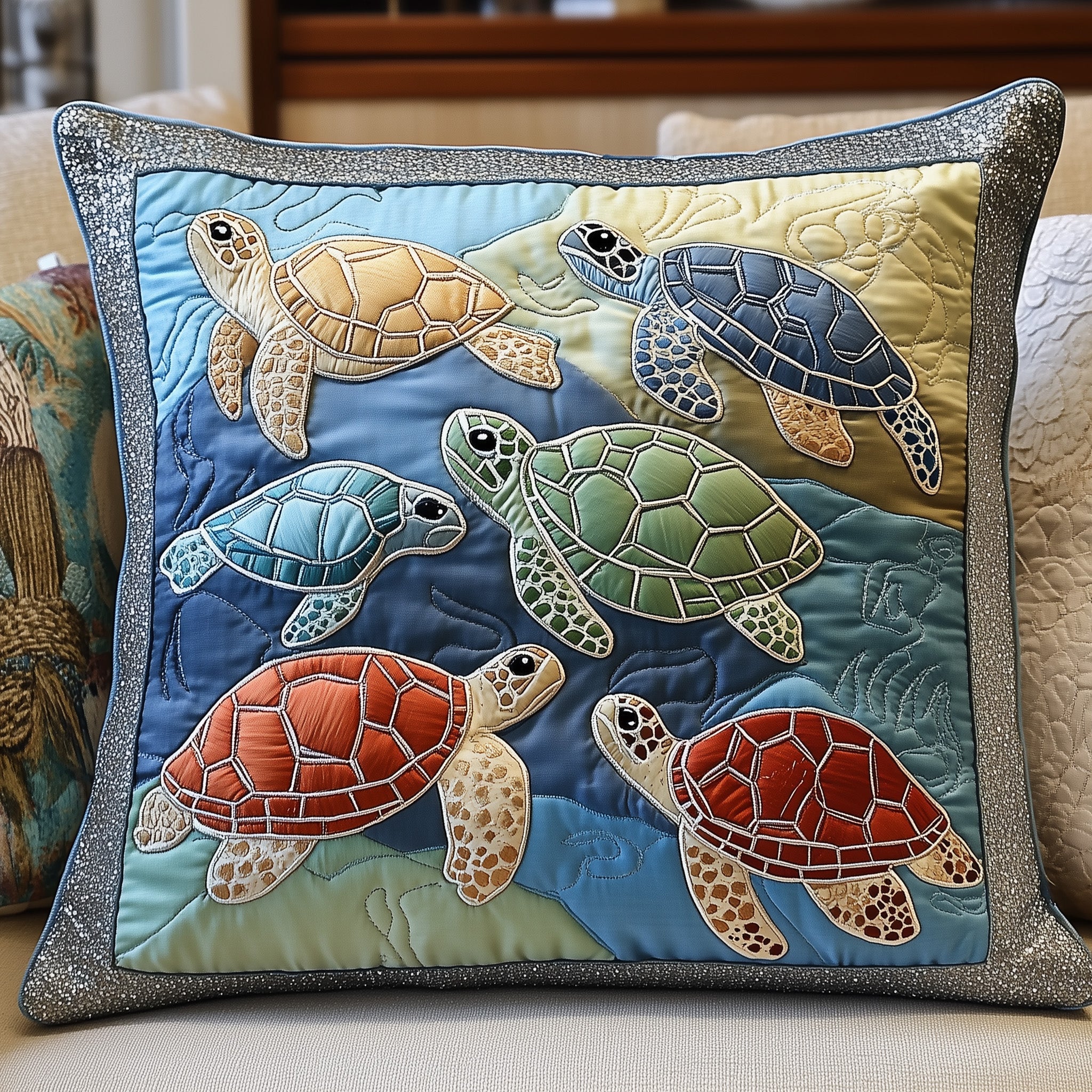Cheerful Turtle Quilted Pillow Case Gift For Her