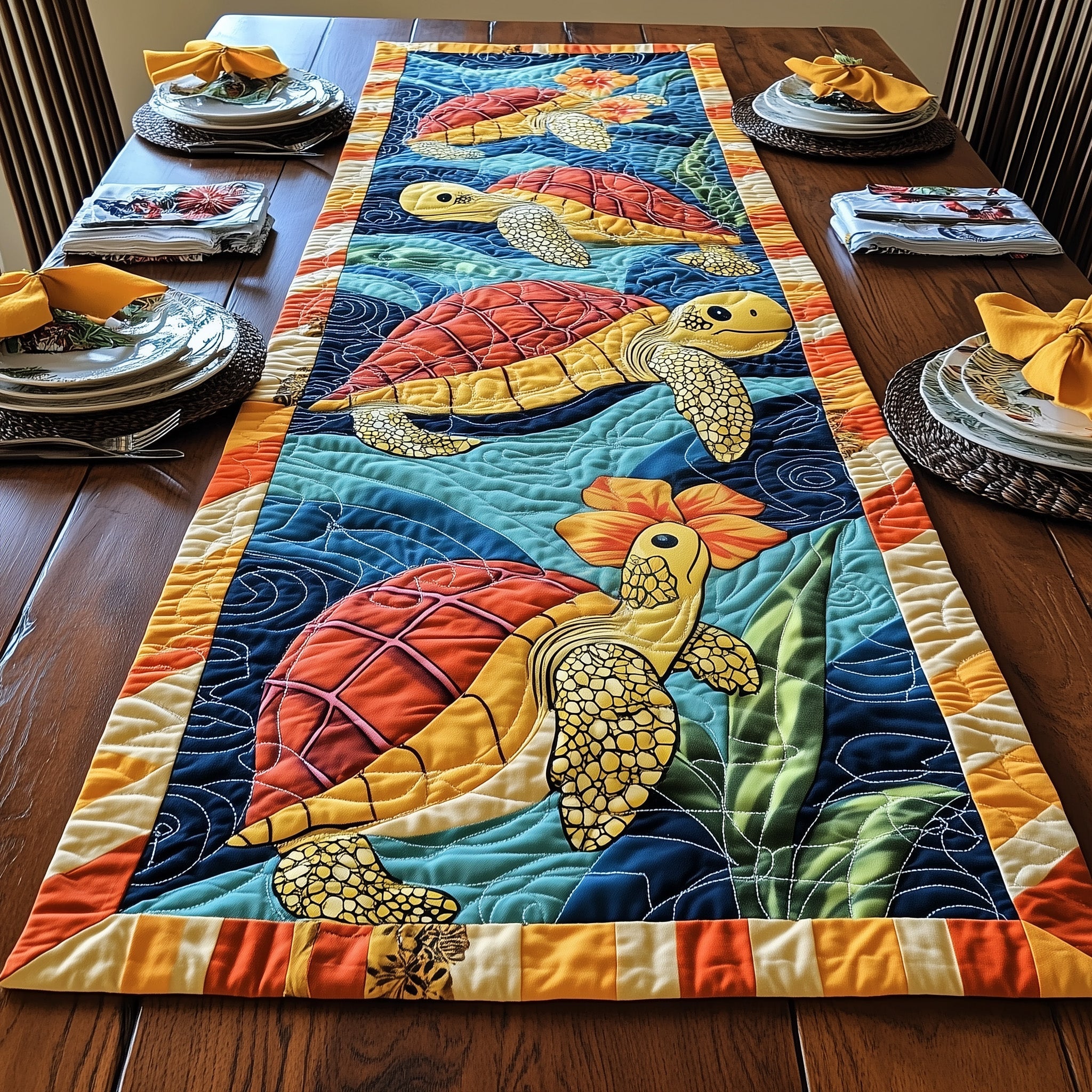 Cheerful Turtle Quilted Table Runner Christmas Table Runner