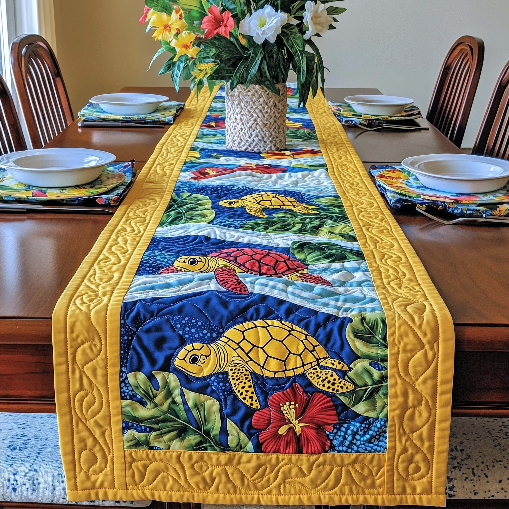 Cheerful Turtle Quilted Table Runner Christmas Table Runner Gift Idea