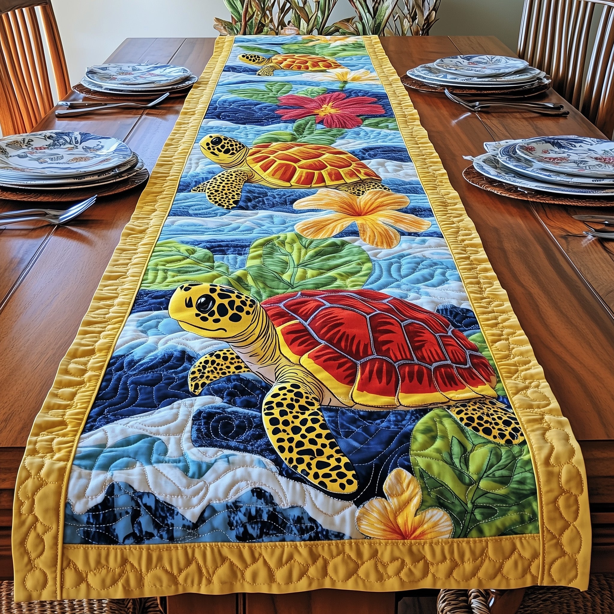 Cheerful Turtle Quilted Table Runner Holiday Season Table Runner