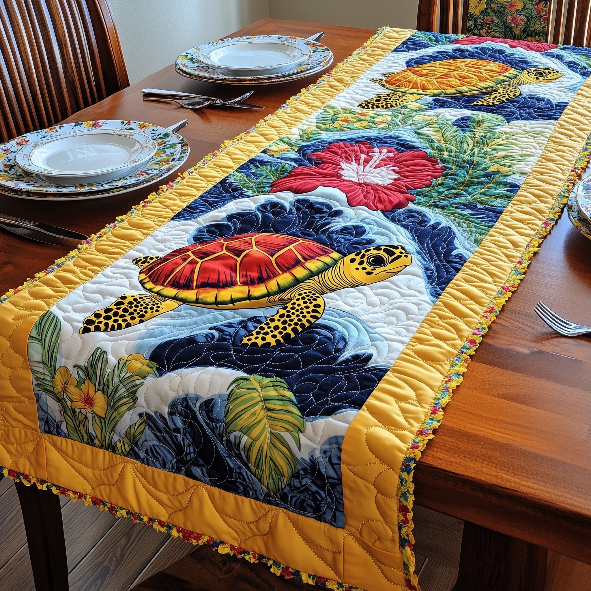 Cheerful Turtle Quilted Table Runner Holiday Table Runner Decoration