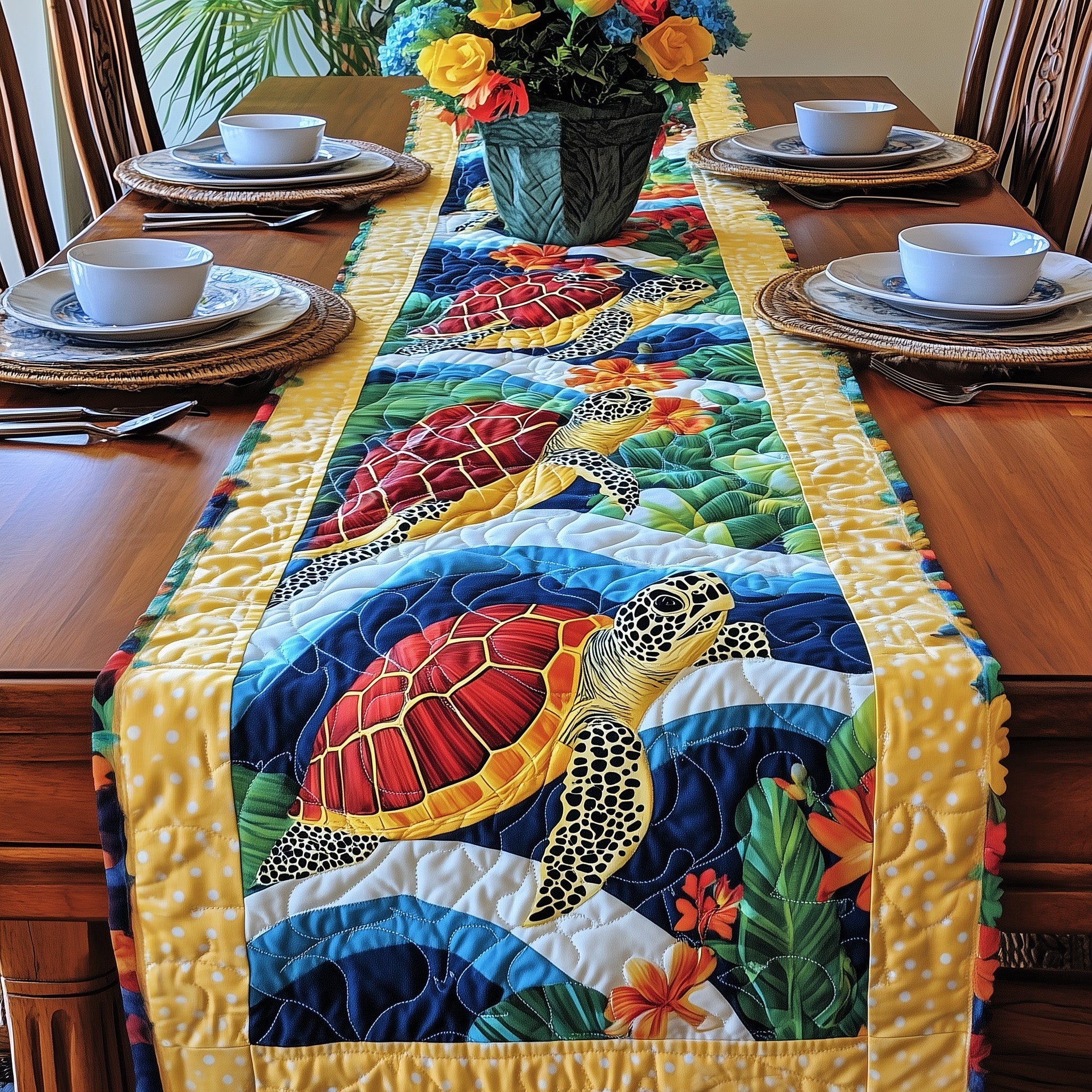 Cheerful Turtle Quilted Table Runner Table Runner for Holiday Gatherings