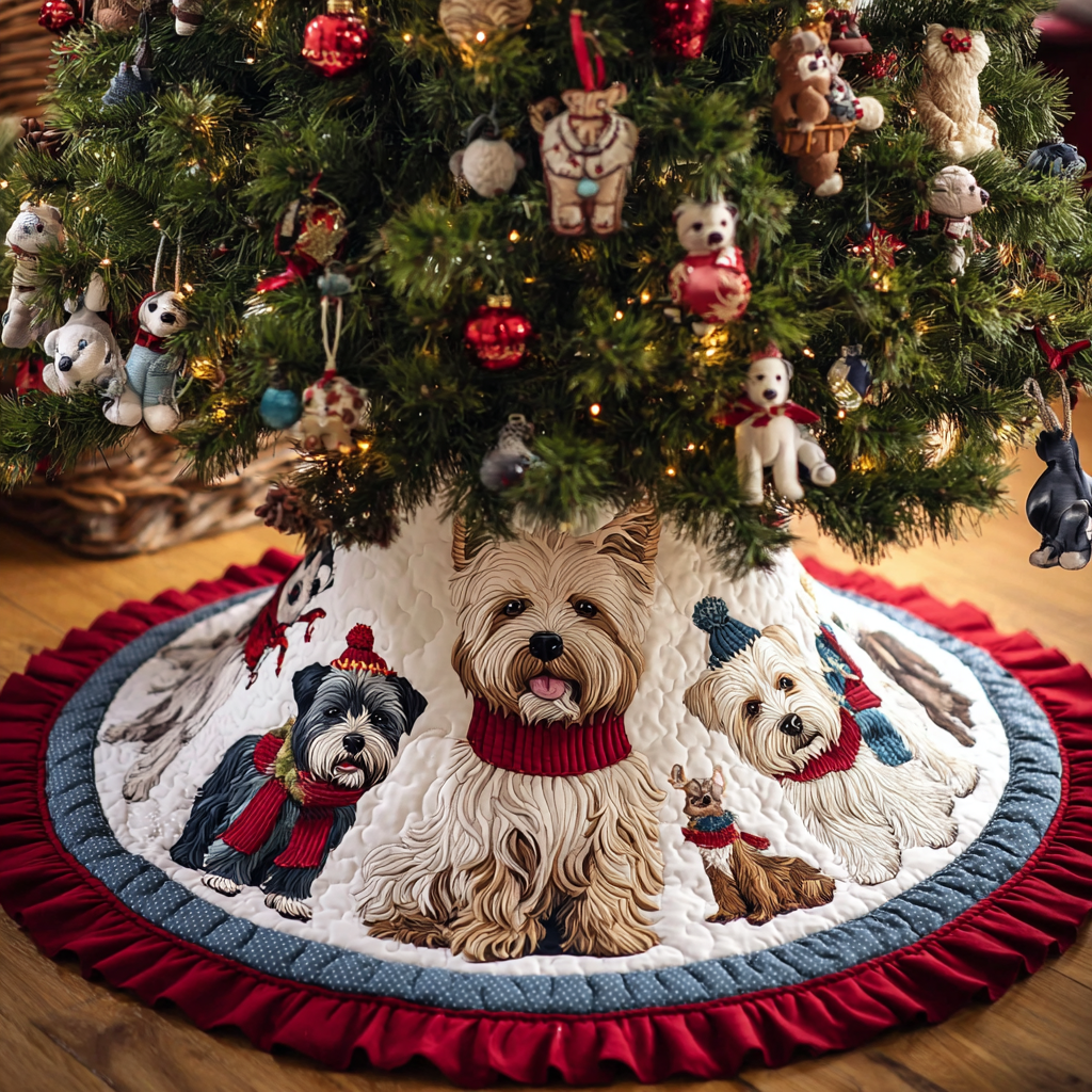 Cheerful West Highland Terrier Christmas Quilted Tree Skirt Xmas Tree Decor Yorkshire Terrier Themed Gifts