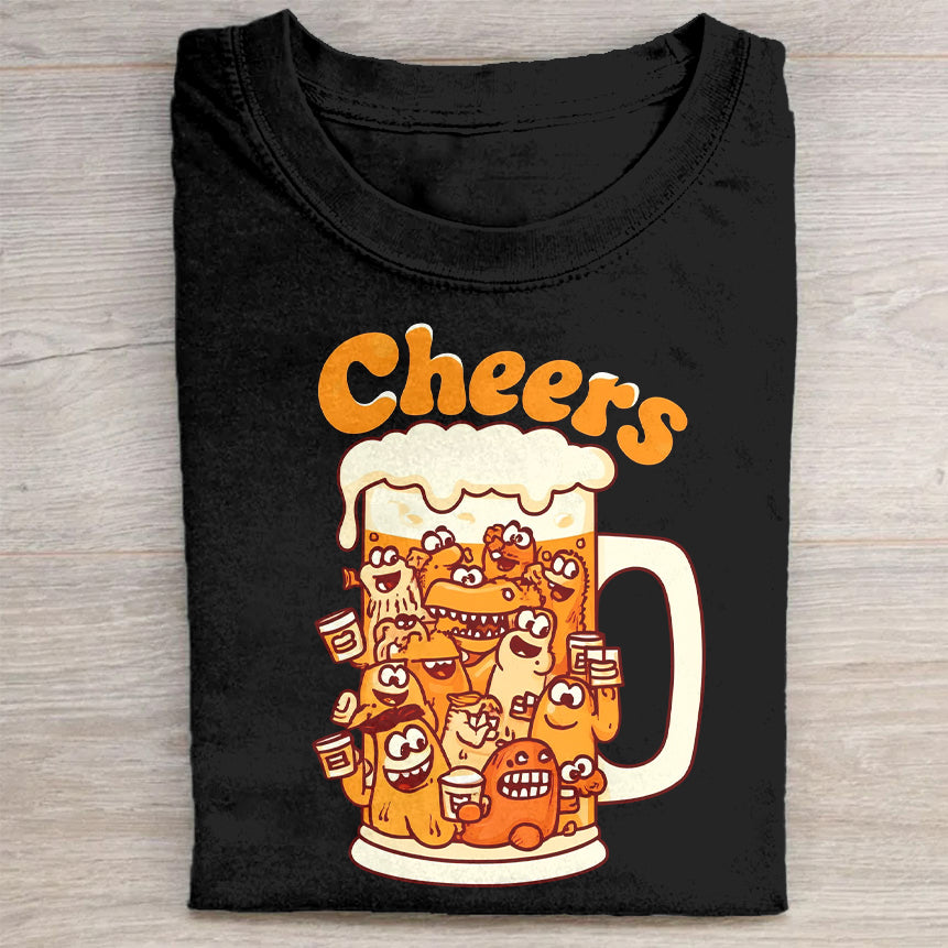 Cheers Beer Mug With Cute Characters Graphic T-Shirt Funny Drinking Merch Best Gift For Party Lovers