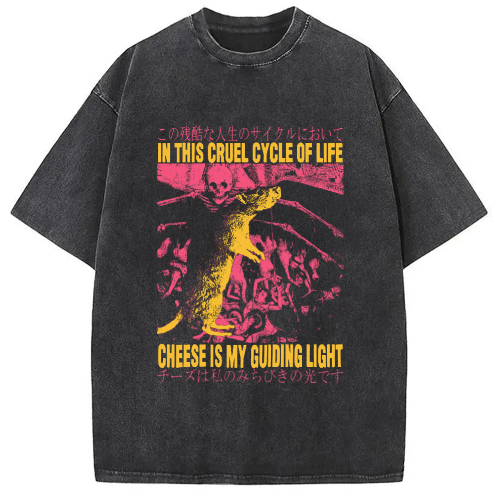 Cheese is My Guiding Light Rat Washed T-Shirt Soft Cotton Daily Wear Tee Gifts For Besties