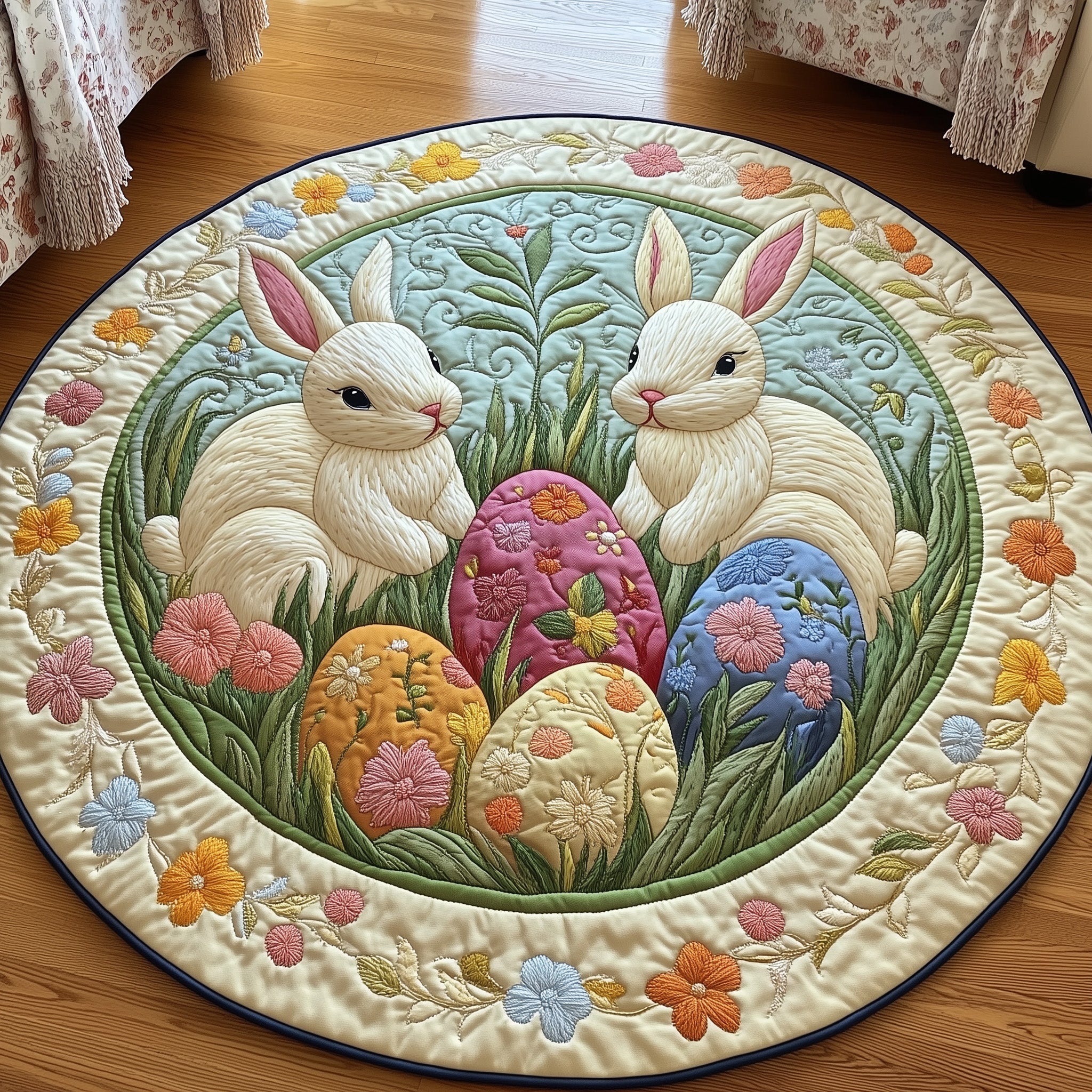 Cherished Bunny Couple Quilted Round Mat Beautiful Quilted Round Mat Gift for Loved Ones