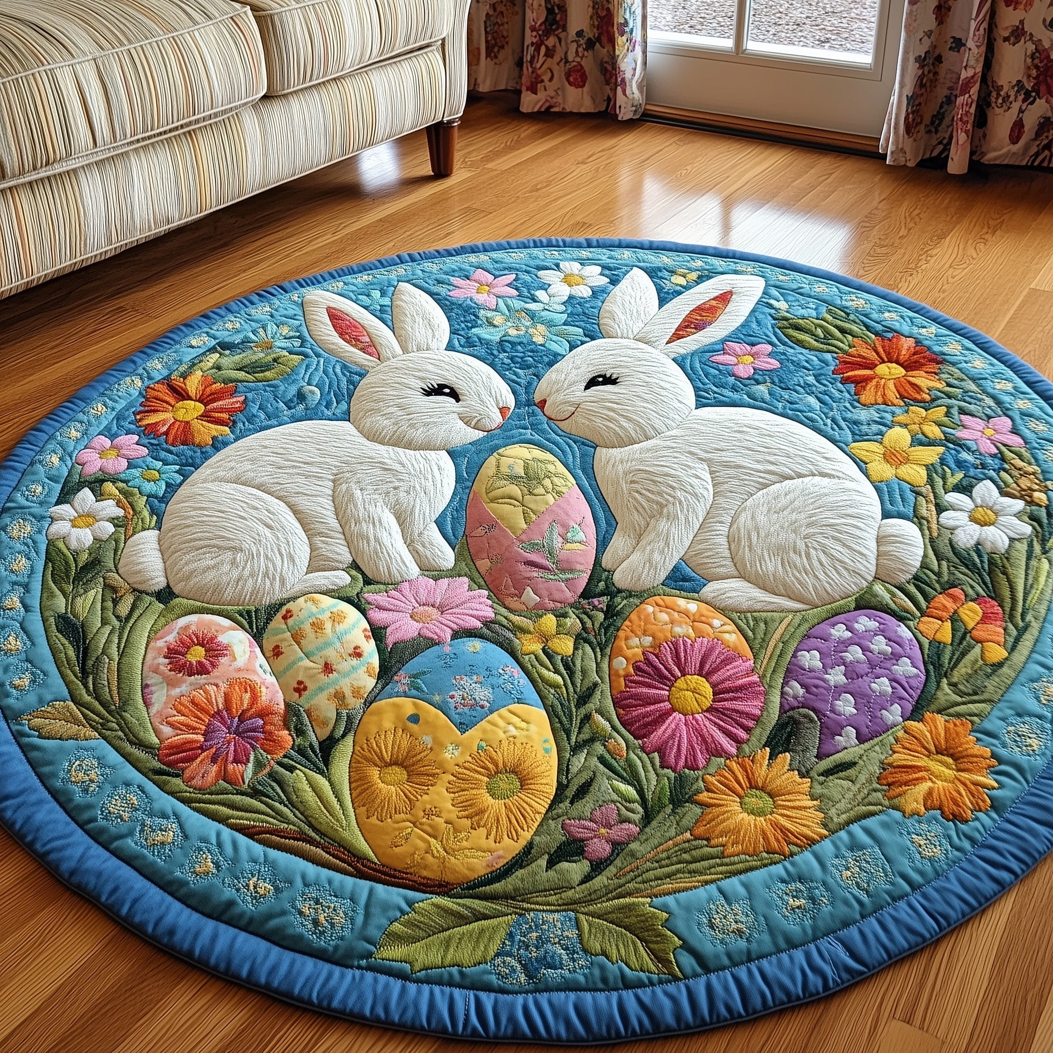 Cherished Bunny Couple Quilted Round Mat Classic Quilted Round Mat for Timeless Decor