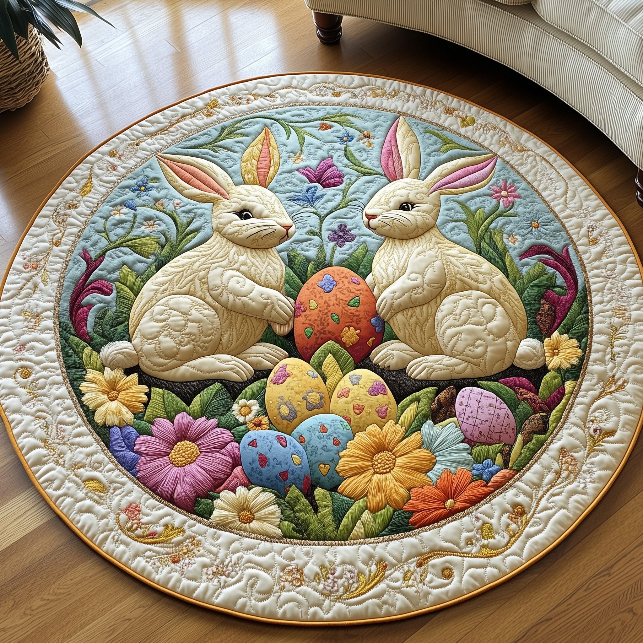 Cherished Bunny Couple Quilted Round Mat Gift For Dad