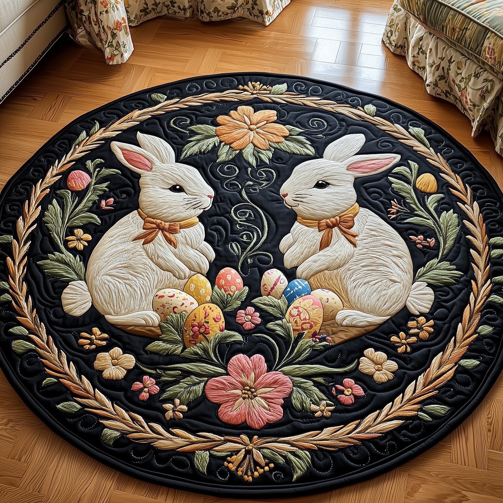 Cherished Bunny Couple Quilted Round Mat Gift For Girlfriend