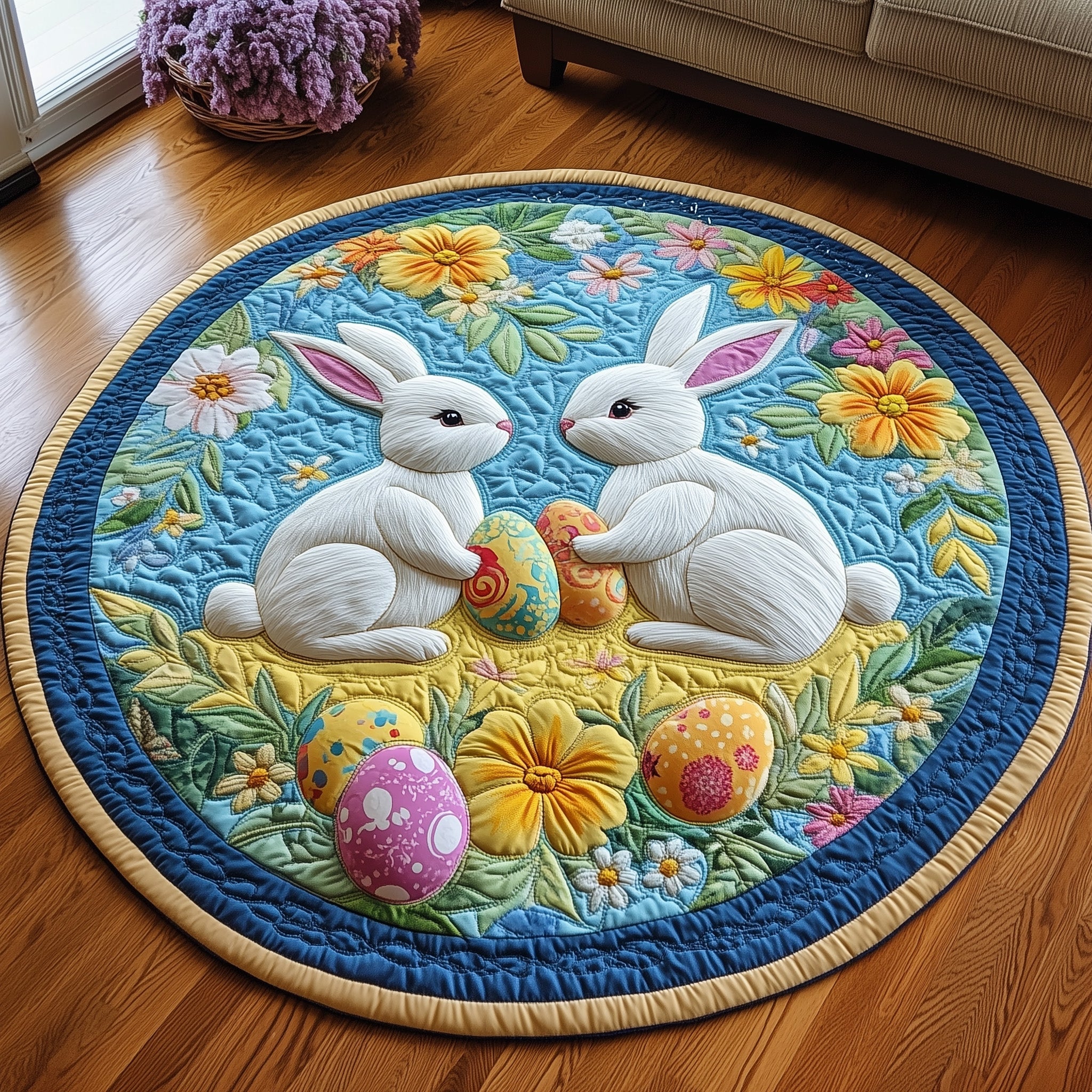 Cherished Bunny Couple Quilted Round Mat Gift For Him(1)
