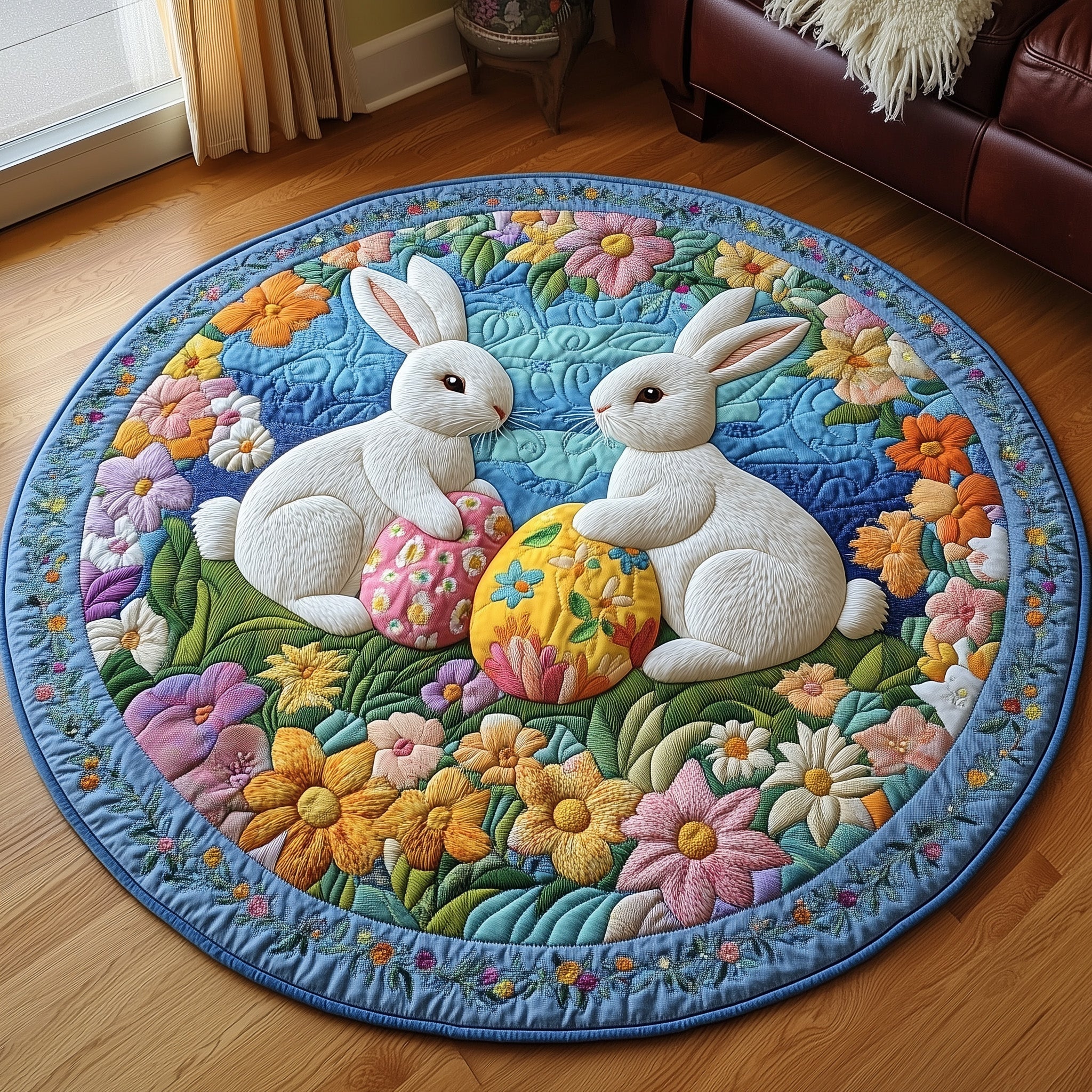 Cherished Bunny Couple Quilted Round Mat Gift For Mom