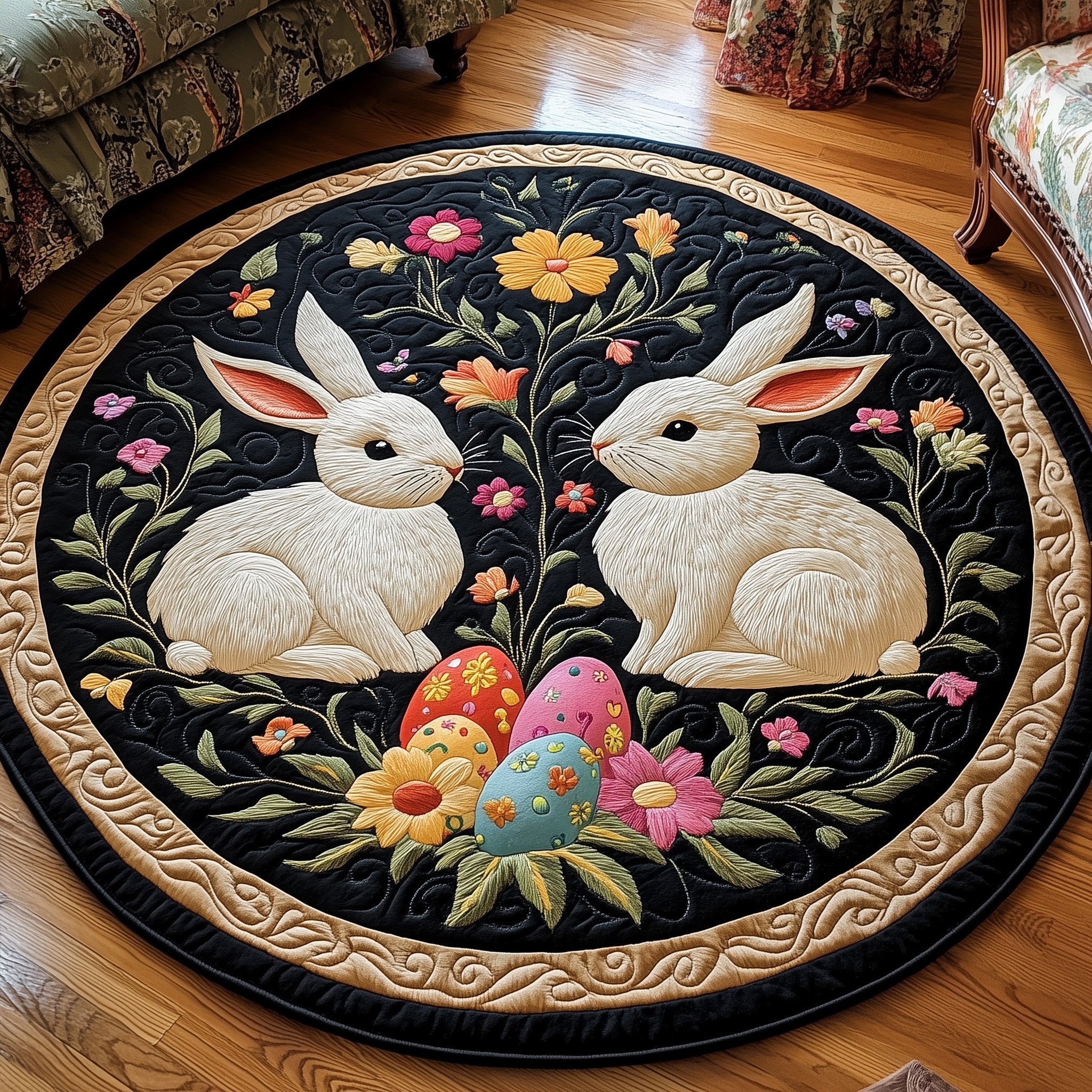 Cherished Bunny Couple Quilted Round Mat Halloween Gift(1)