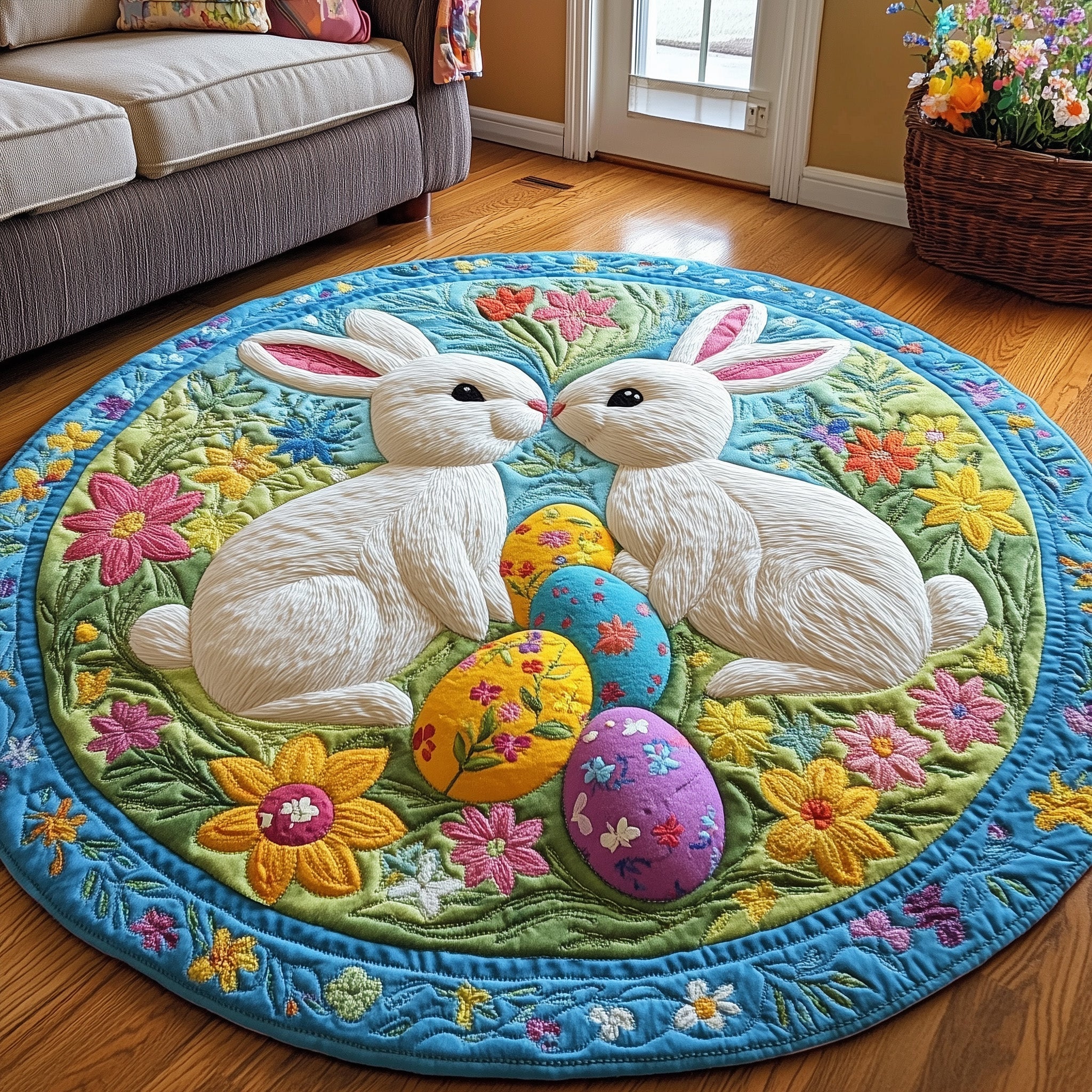 Cherished Bunny Couple Quilted Round Mat Non-Slip Quilted Round Mat for Safety and Style