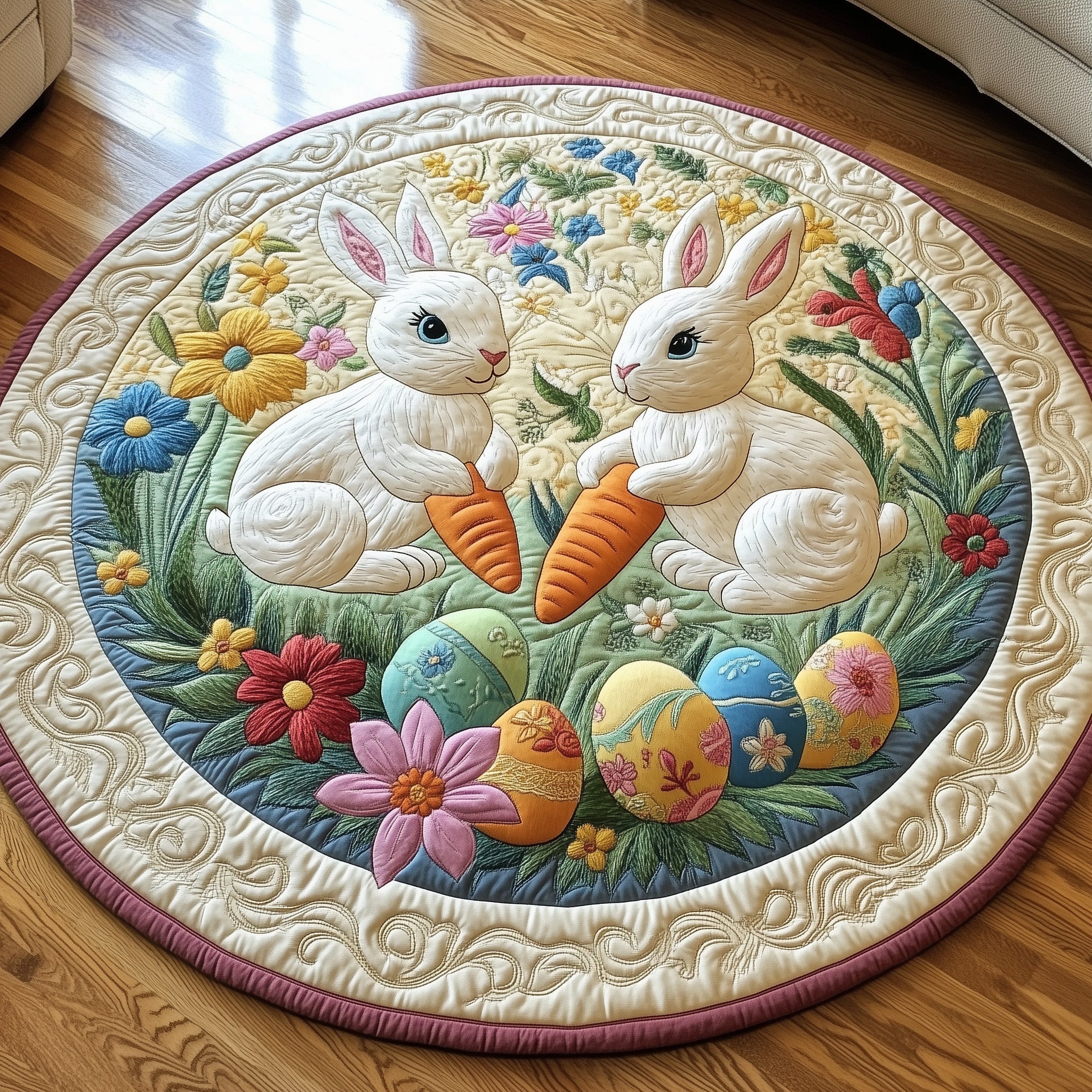 Cherished Bunny Couple Quilted Round Mat Perfect Home Accessory Quilted Round Mat