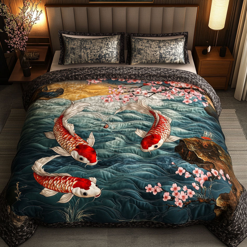 Cherry Blossom Dance Quilted Bedding Set Bed Decorations Koi Fish Merchandise