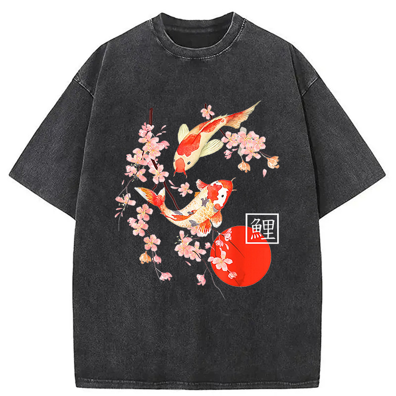 Cherry Blossom Koi Carp Fish Japanese Sakura Washed T-Shirt Trendy Aesthetic Graphic Apparel Gifts For Besties