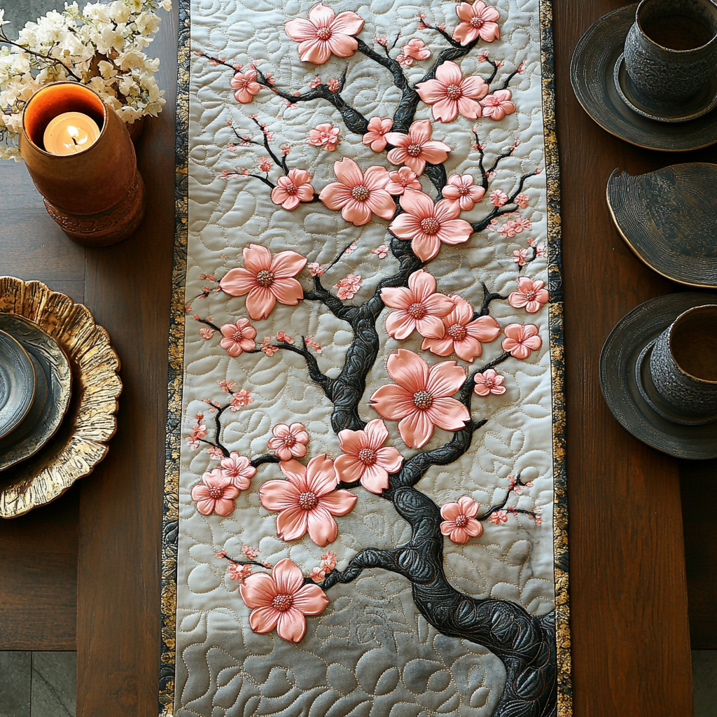 Cherry Blossom Sunrise Quilted Table Runner Dining Room Decor Christmas Presents For Relatives