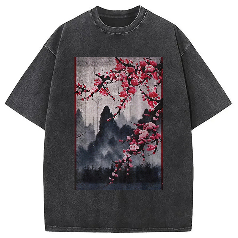 Cherry Blossom Woodblock Japanese Washed T-Shirt Unisex Streetwear Graphic Style Gifts For Her