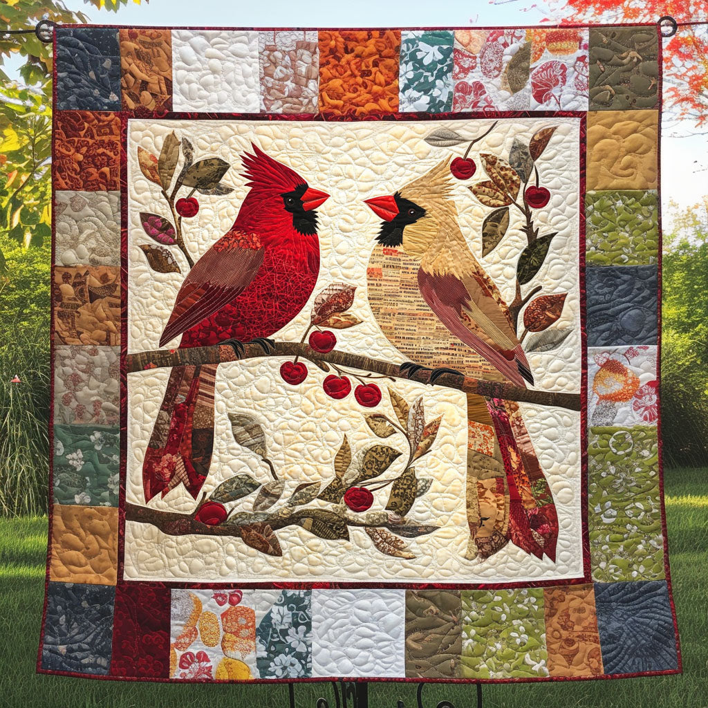 Cherry Branch Harmony Quilted Blanket Christmas Throw Blanket Red Cardinal Bird Gifts