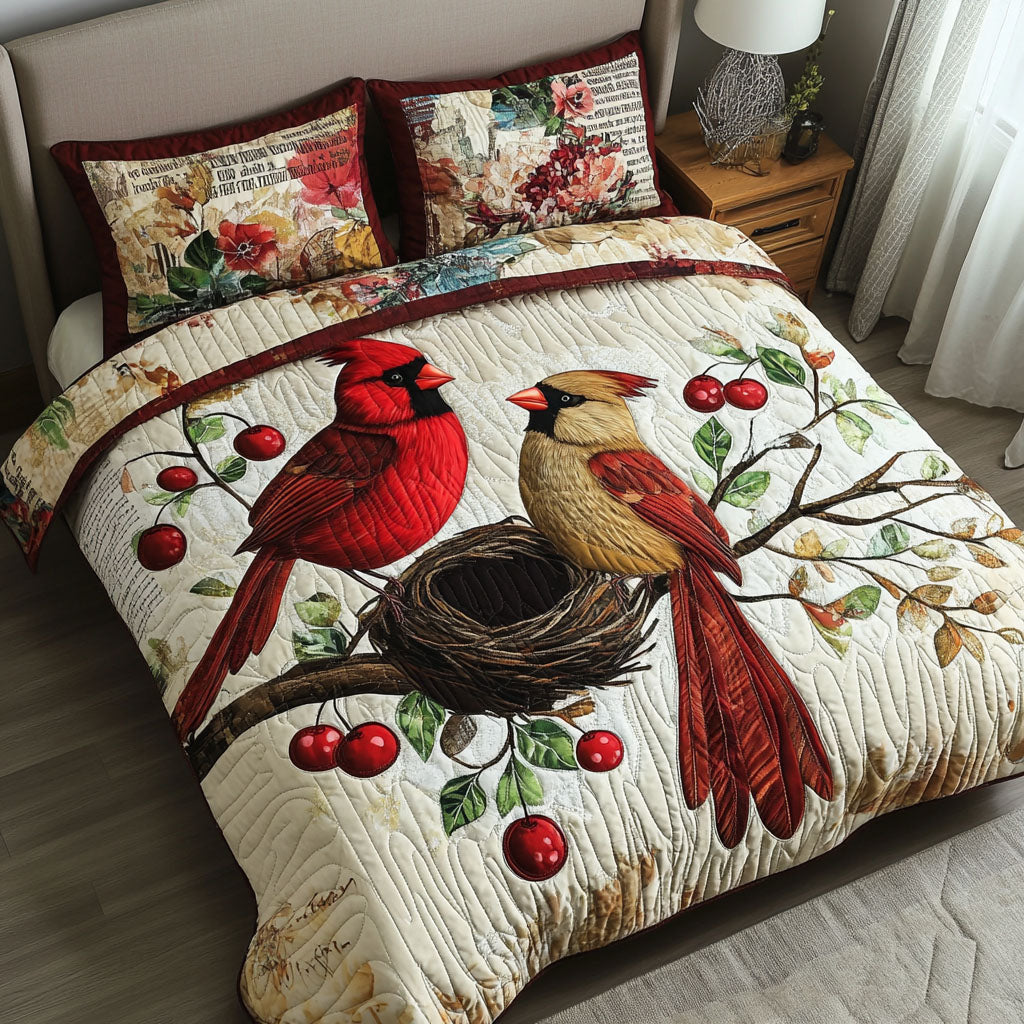 Cherry Branch Quilted Bedding Set Cozy Bedroom Decor Cardinal Bird Gifts
