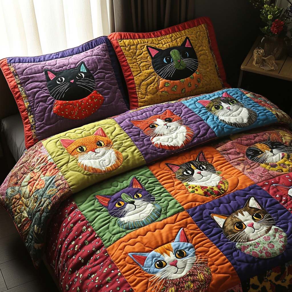 Cheshire Dreams Quilted Bedding Set Bed Decorations Gifts For Cat Moms