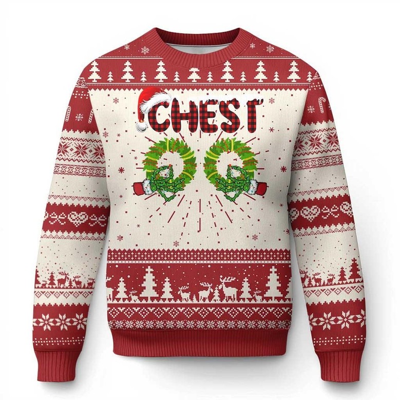 Chest Wreath Christmas Ugly Holiday Sweater Naughty Ugly Xmas Jumper For Party Lovers