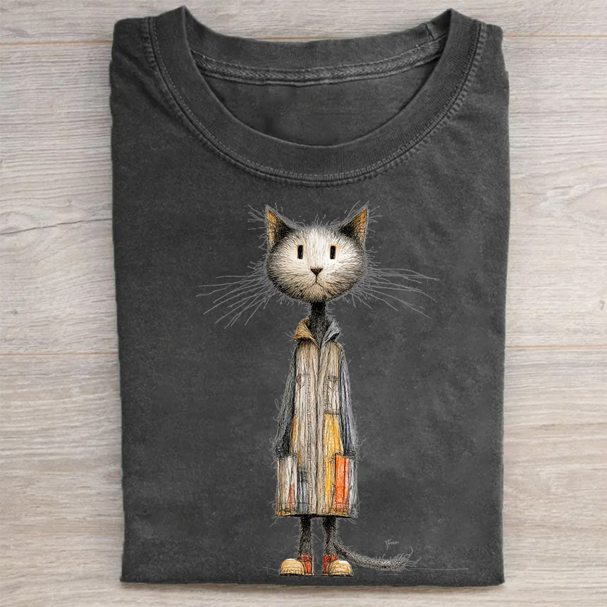 Chic Cat In Coat With Briefcase Graphic Print T-Shirt Funny Cat Merch Best Gift For Pet Lovers