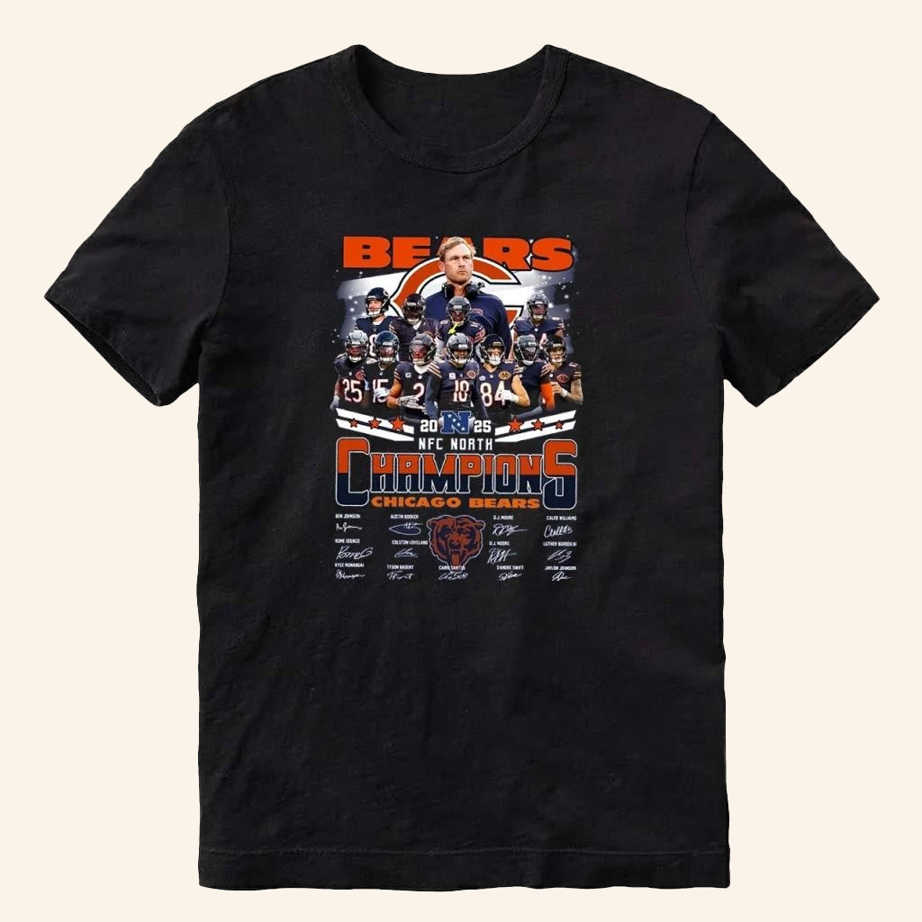 Chicago Bears 2025 NFC North Champions 2025 Signatures T-Shirt Bears Merch Chicago Bears 2025 NFC North Champions 2025 Signatures T-Shirt Bears Merch