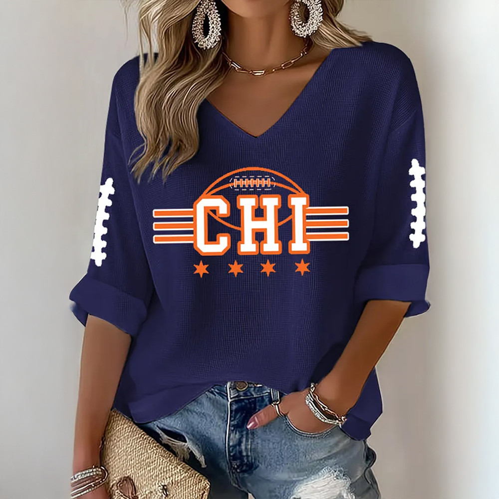 Chicago Bears Football V-Neck Long Sleeve Shirt Game Day Clothing Football Gifts For Gilfriend