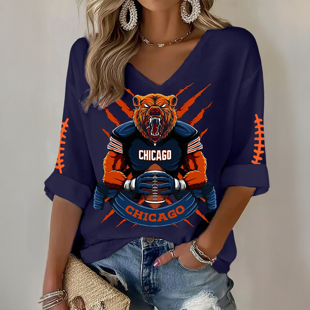 Chicago Bears Football V-Neck Long Sleeve Shirt Game Day Football Gift For Women