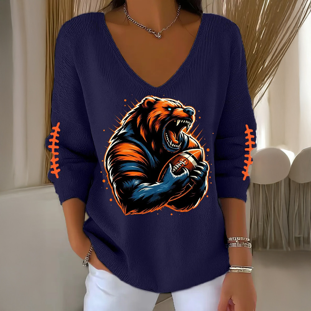 Chicago Bears Football V-Neck Long Sleeve Shirt Game Day Merch Football Present Ideas