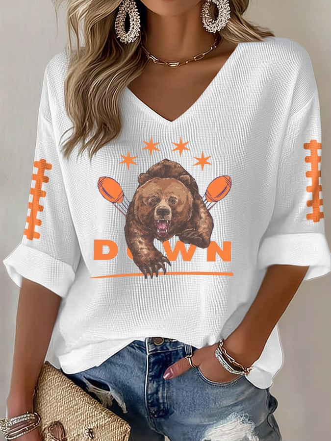 Chicago Bears Merch Bear Down V-Neck Long Sleeve Shirt Football Apparel Game Day Gift Ideas