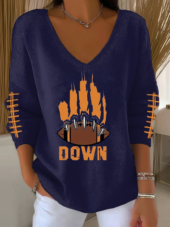 Chicago Bears Merch Bear Down V-Neck Long Sleeve Shirt Game Day Apparel Bears Nation Gifts