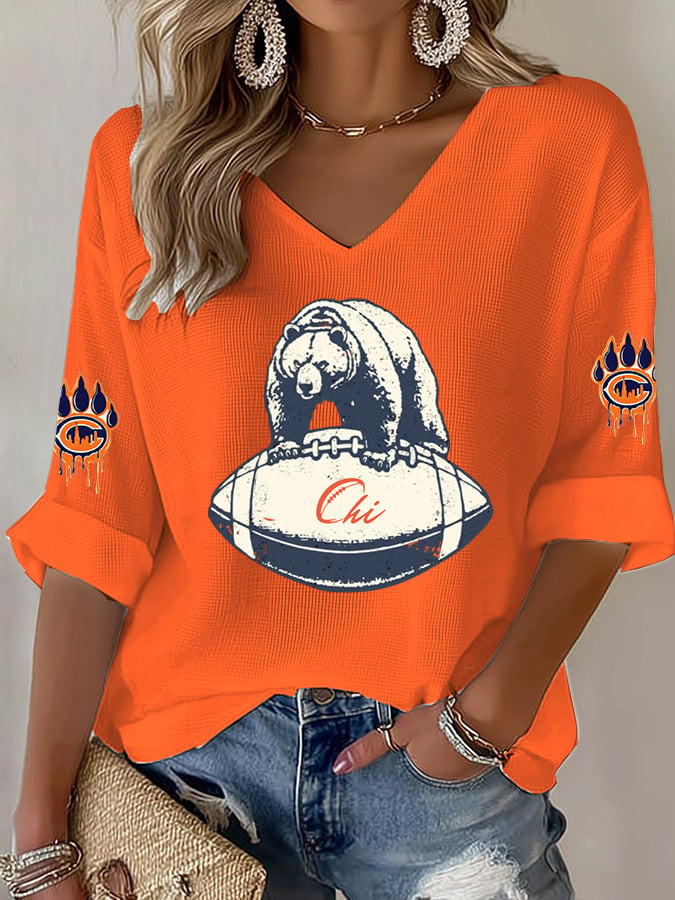 Chicago Bears Merch Bear Mascot Graphic V-Neck Long Sleeve Shirt Game Day Apparel Gifts