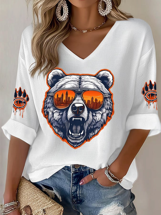 Chicago Bears Merch Bear Mascot V-Neck Long Sleeve Shirt Game Day Clothing Bears Nation Gifts