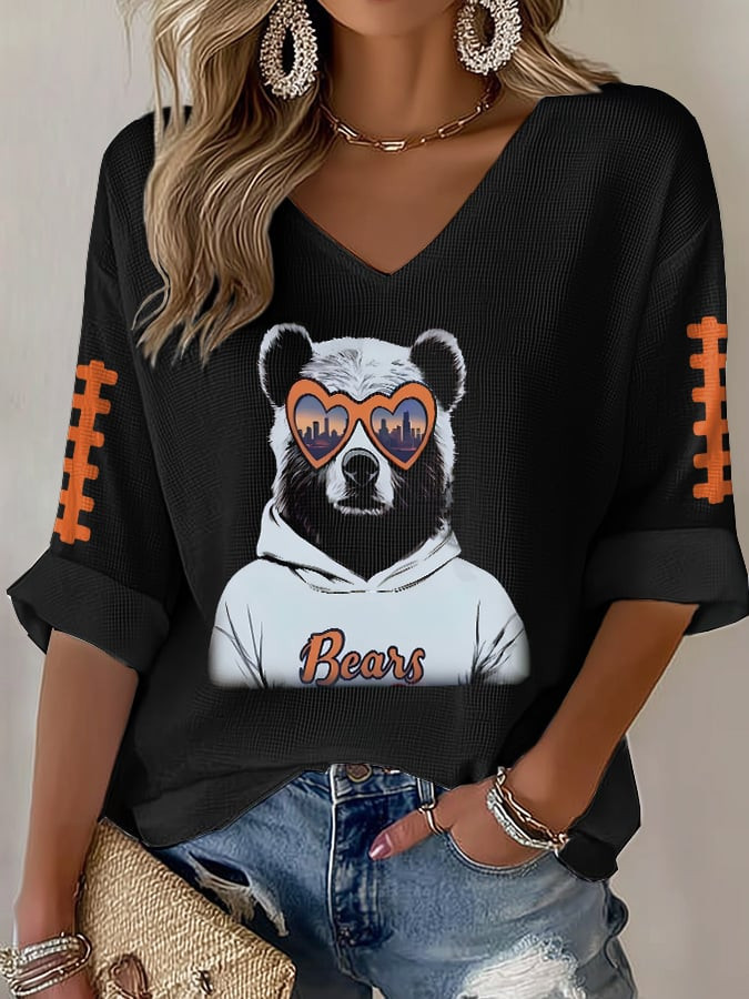 Chicago Bears Merch Bears V-Neck Long Sleeve Shirt Game Day Football Clothing Gifts For Mother