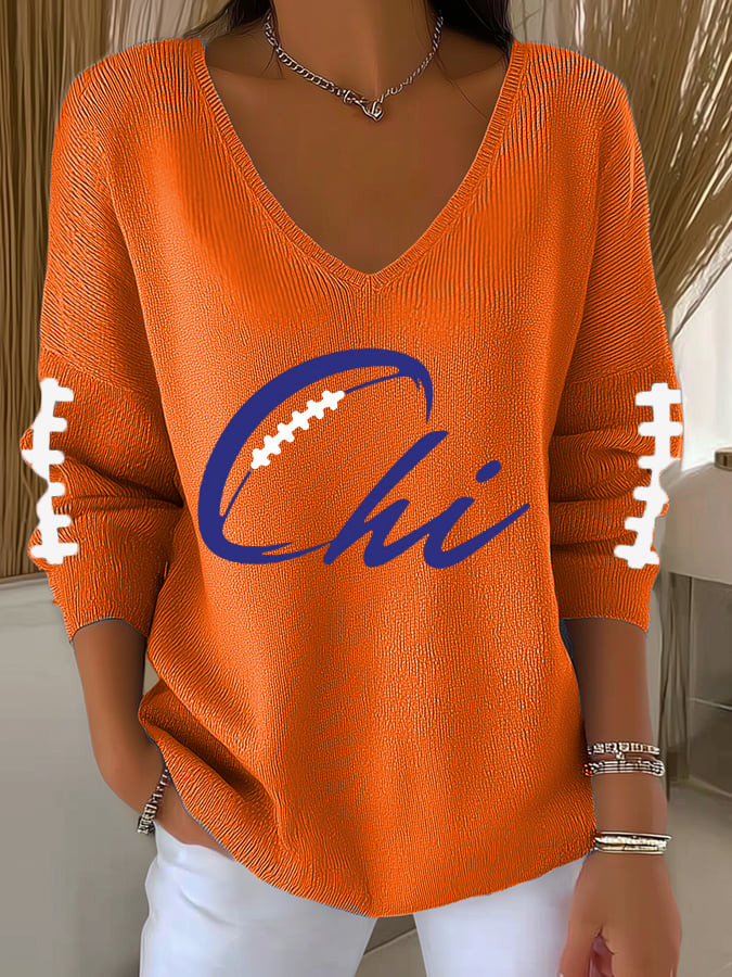 Chicago Bears Merch Football V-Neck Long Sleeve Shirt Game Day Apparel Cool Gift Ideas For Her