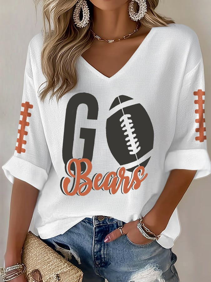 Chicago Bears Merch Go Bears V-Neck Long Sleeve Shirt Football Apparel Gift For Girlfriend
