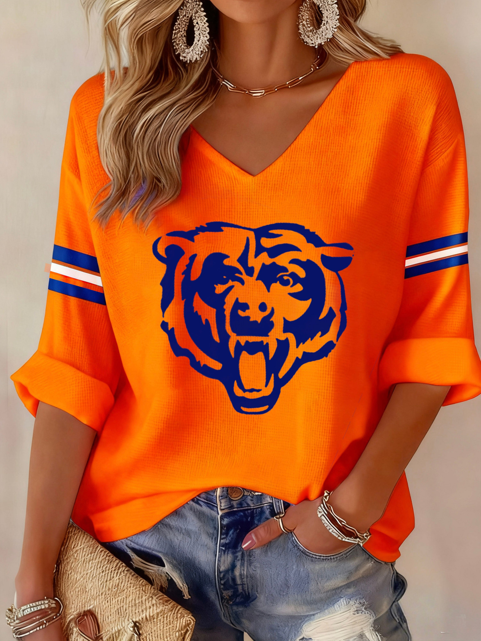 Chicago Bears Merch V-Neck Long Sleeve Shirt Bear Down Football Clothing Gift Ideas