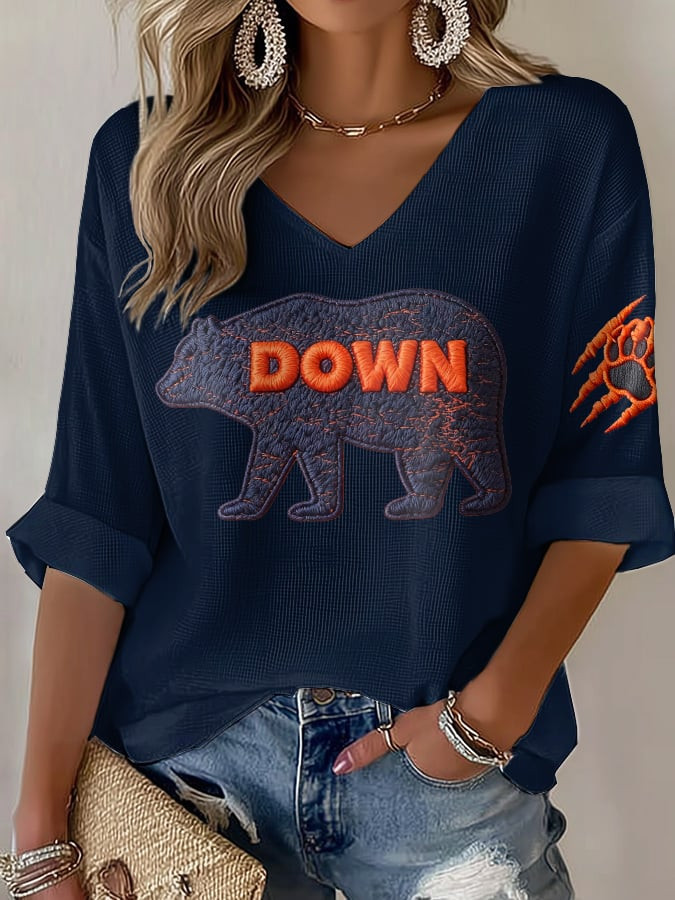 Chicago Bears Merch V-Neck Long Sleeve Shirt Bear Down Game Day Apparel Best Gift Ideas