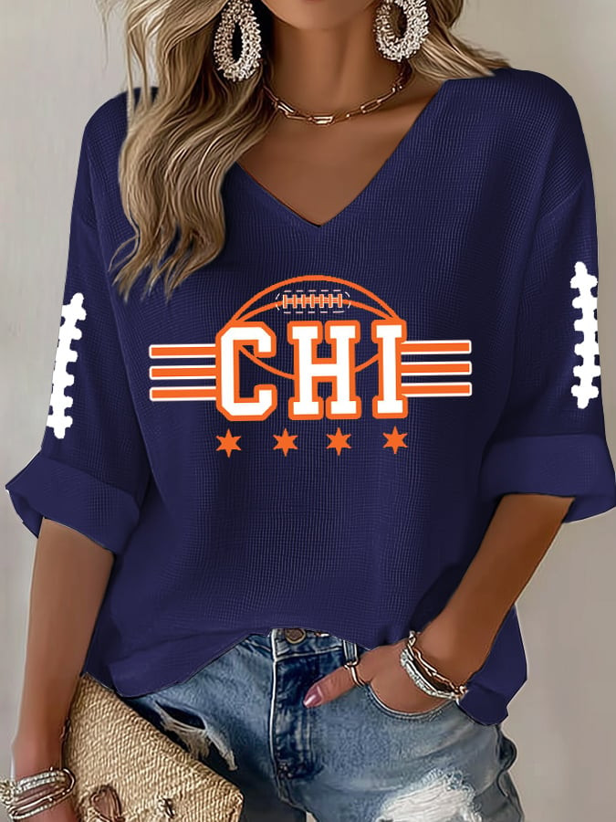 Chicago Bears Merch V-Neck Long Sleeve Shirt Chicago Game Day Football Clothing Gifts