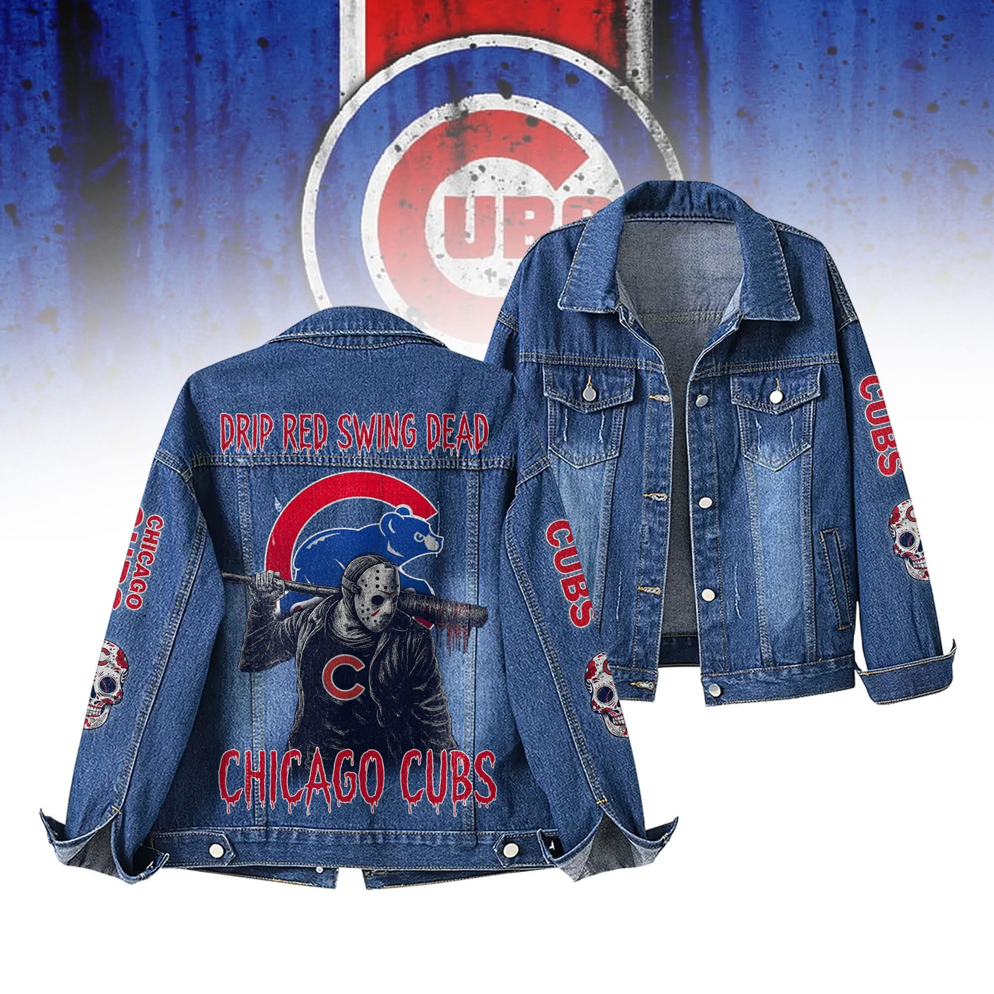 Chicago Cubs Denim Jacket Drip Red Swing Dead Jason Voorhees Gift For Baseball Fans