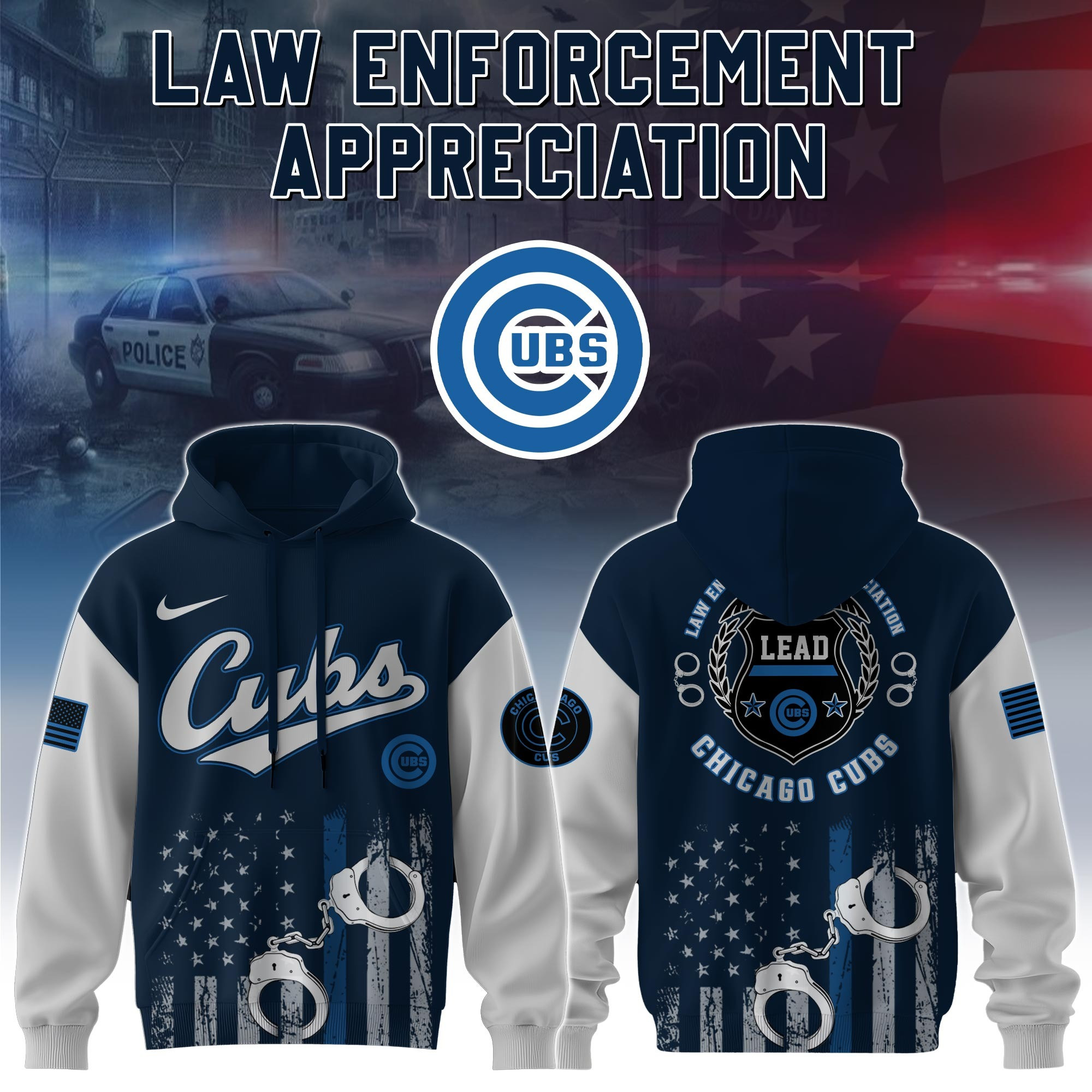 Chicago Cubs MLB Law Enforcement Appreciation Day Hoodie Thin Blue Line Apparel Fan Gifts