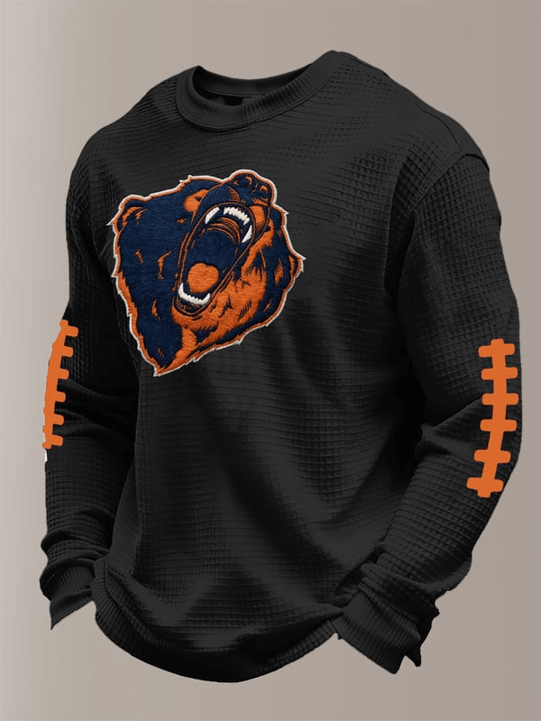 Chicago Football Bear Waffle Long Sleeve T-Shirt Chicago Pride Game Day Shirts Black CB Gifts