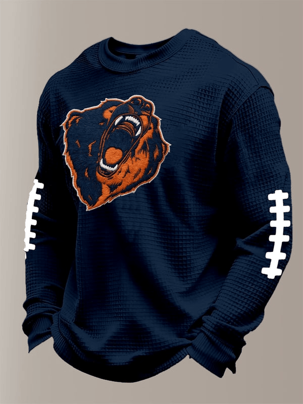 Chicago Football Bear Waffle Long Sleeve T-Shirt Chicago Pride Game Day Shirts Navy CB Gifts