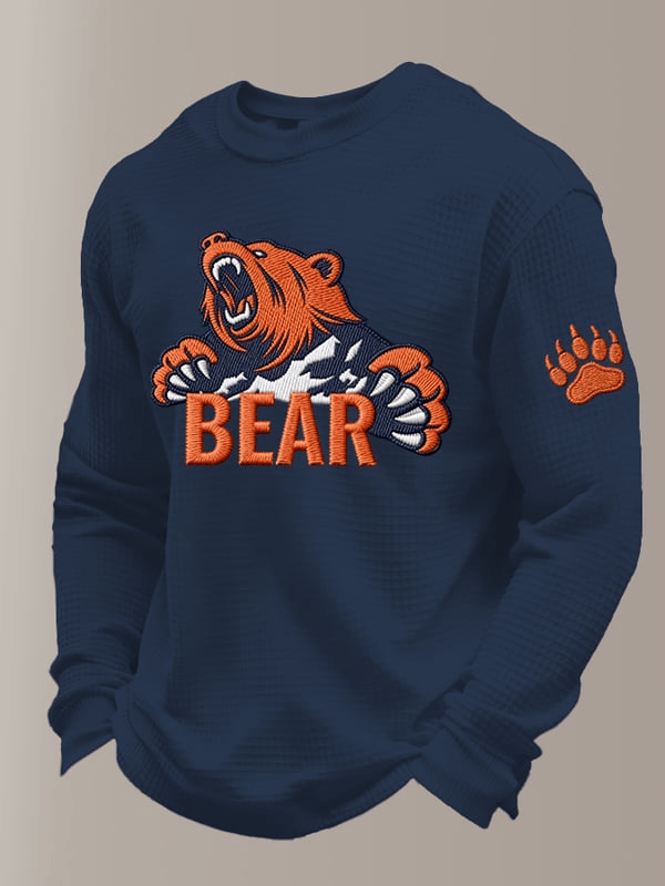 Chicago Football Bear Waffle Long Sleeve T-Shirt Chicago Pride Shirts Navy Gifts For CB Fans