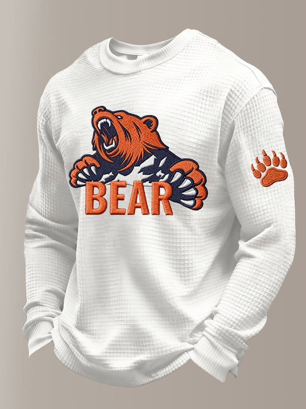 Chicago Football Bear Waffle Long Sleeve T-Shirt Chicago Pride Shirts White Gifts For CB Fans