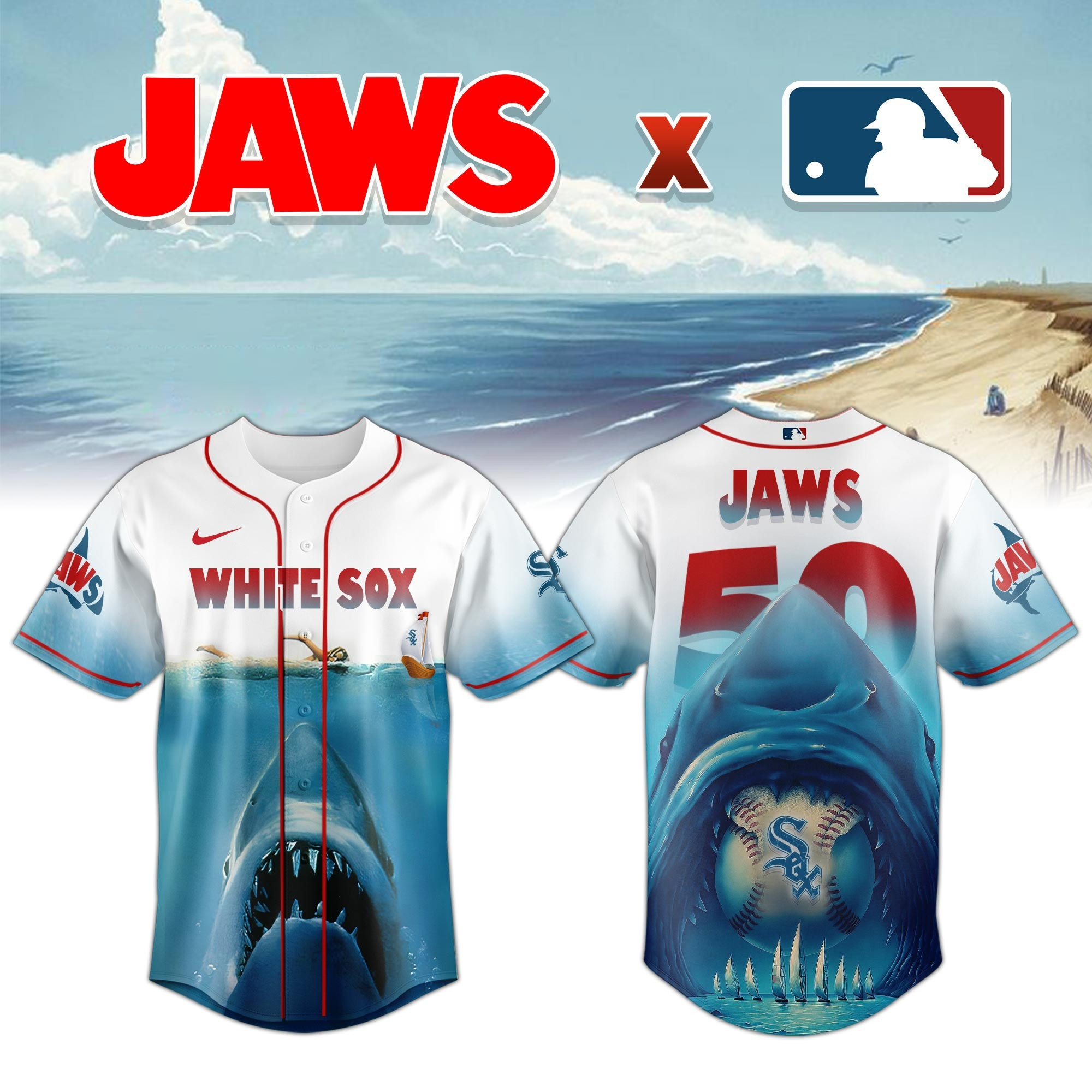 Chicago White Sox x JAWS 50Th Anniversary Jersey MLB Movie Jaws Fan Merch Best Gift Ideas