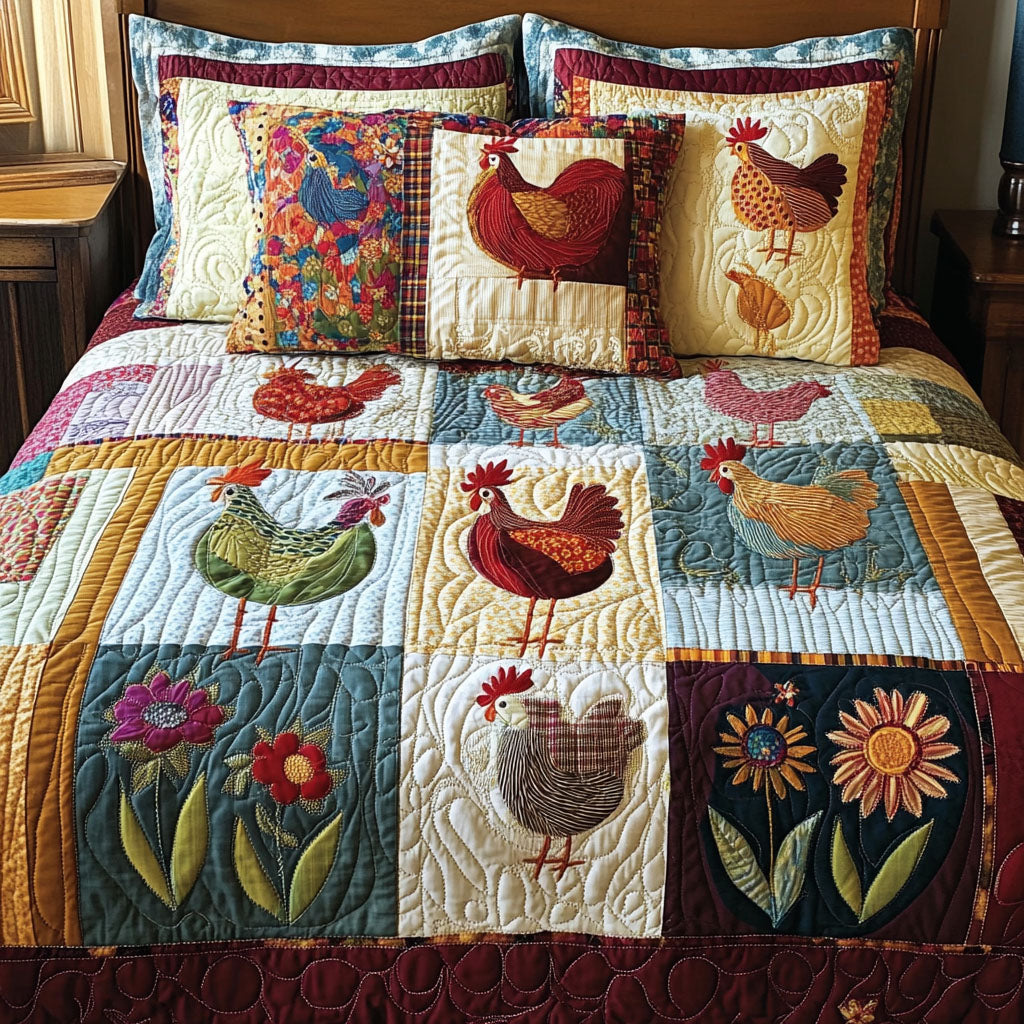 Chick Parade Quilted Bedding Set Cute Room Decor Gifts With Chickens On Them