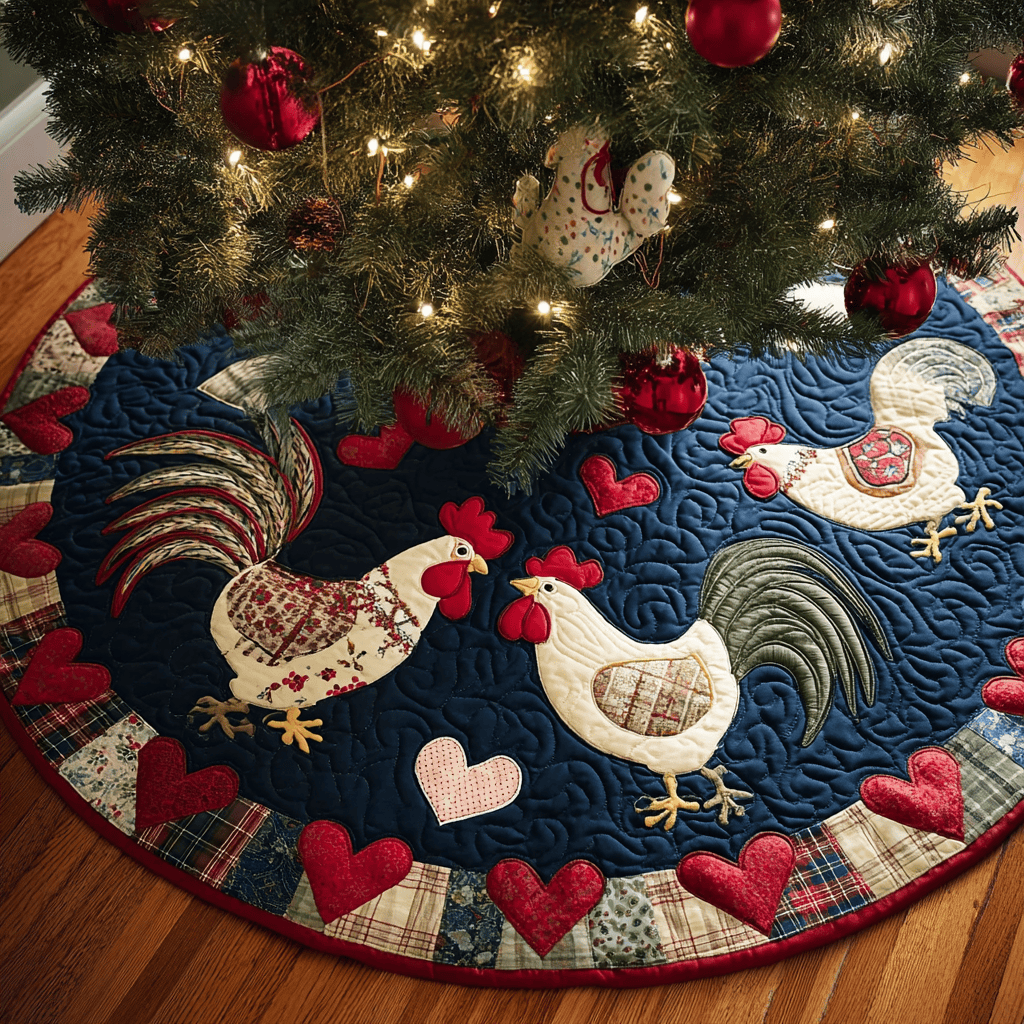 Chicken Bloom Christmas Quilted Tree Skirt Animal Themed Chicken Lover Christmas Gifts
